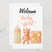 ウェルカムベビーガール赤ちゃんシャワーカード 案内状 (正面/裏面)