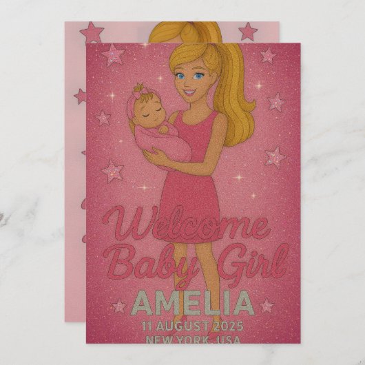 ウェルカムベビーガール – Barbie's きらめく Enbrace 招待状 (正面/裏面)