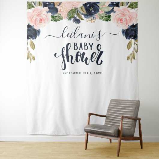 ウェルカムベビーシャワーネイビーピンクフローラアーチ タペストリー (インサイチュ)