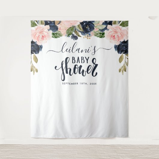 ウェルカムベビーシャワーネイビーピンクフローラアーチ タペストリー (正面)