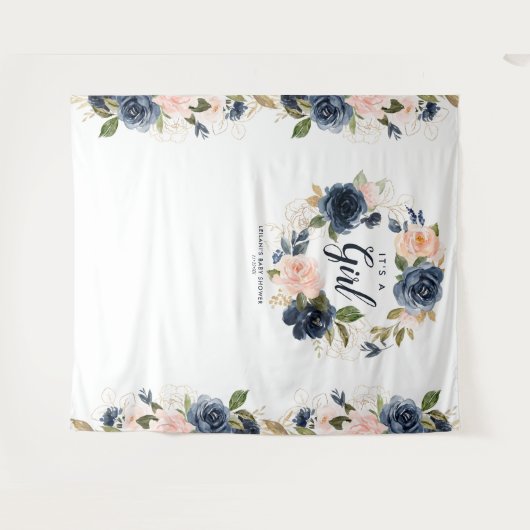 ウェルカムベビーシャワーネイビーピンクフローラリース タペストリー (正面(横))