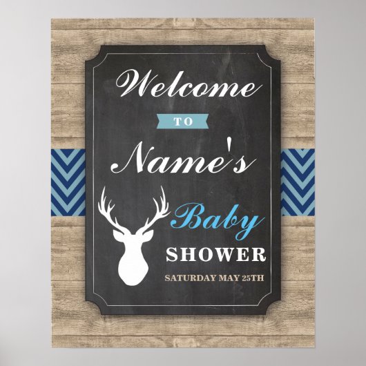 ウェルカムベビーシャワーポスターサイン男の子Stagウッドブルー ポスター (正面)