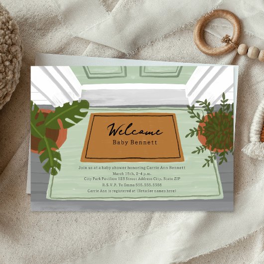 ウェルカムベビードアマットグリーンニュートラルベビーシャワー 招待状