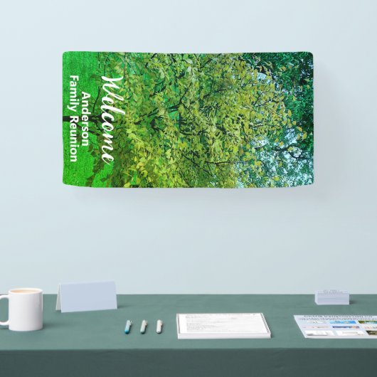 ウェルカムホワイトとグリーンファミリーネームツリー懇親会 横断幕 (トレードショー)