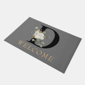 ウェルカムホワイトフローラ金ゴールドアクセントMonogram D ドアマット (アングル)