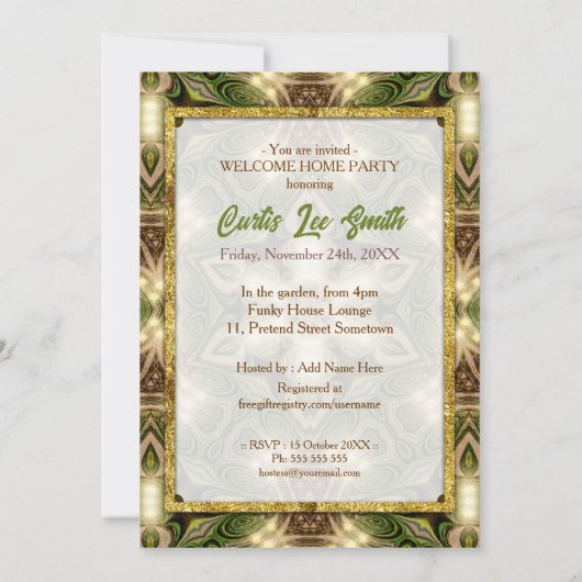 ウェルカムホームろうけつ染めアースグリーン金ゴールドフォレストパーティー 招待状 (裏面)