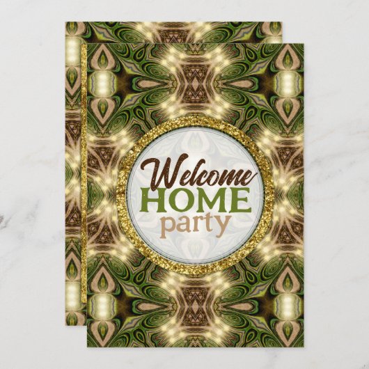 ウェルカムホームろうけつ染めアースグリーン金ゴールドフォレストパーティー 招待状 (正面/裏面)