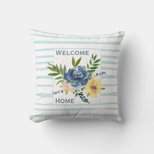ウェルカムホームウォーターカラーフラワーバライエローブルー クッション (正面)