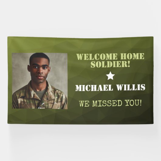 ウェルカムホームソルジャー名前をカスタムするフォトアーミーグリーン 横断幕 (横)