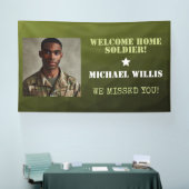 ウェルカムホームソルジャー名前をカスタムするフォトアーミーグリーン 横断幕 (トレードショー)