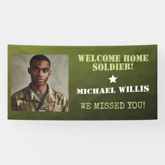 ウェルカムホームソルジャー名前をカスタムするフォトアーミーグリーン 横断幕 (横)
