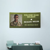 ウェルカムホームソルジャー名前をカスタムするフォトアーミーグリーン 横断幕 (トレードショー)