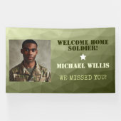 ウェルカムホームソルジャー名前をカスタムするフォトアーミーグリーン 横断幕 (横)