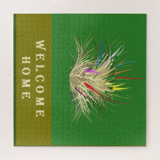 ウェルカムホームデザインアースカラーツートーングリーン ジグソーパズル (横)