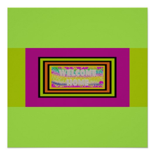 ウェルカムホームデザインパープルグリーン縁どレッド ポスター (正面)