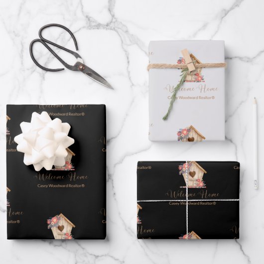 ウェルカムホームパーソナライズされた不動産仲介業者インブラック&グレー ラッピングペーパーシート (正面)