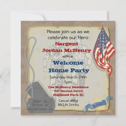 ウェルカムホームヒーロー軍隊パーティの招待状 招待状 (正面)