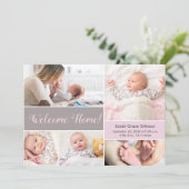 ウェルカムホームピンクグレイカスタムベビーガール写真 サンキューカード (スタンド正面)