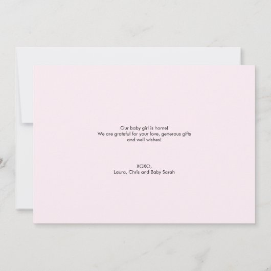 ウェルカムホームピンクグレイカスタムベビーガール写真 サンキューカード (裏面)