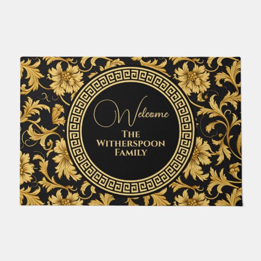 ウェルカムホームファミリー名ブラック金ゴールドクラスエレガント ドアマット (正面)
