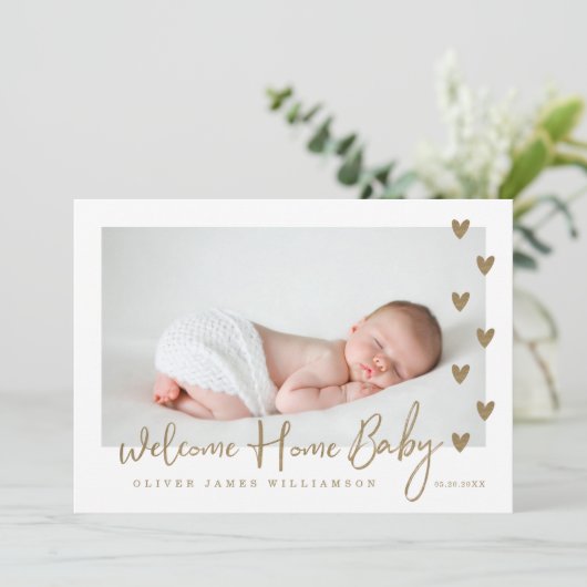 ウェルカムホームベビーモダンミニマル金ゴールドハート写真 案内状 (スタンド正面)