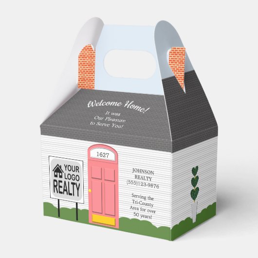 ウェルカムホーム不動産仲介業者ロゴピンクドアギフトボックス フェイバーボックス (裏面サイド)