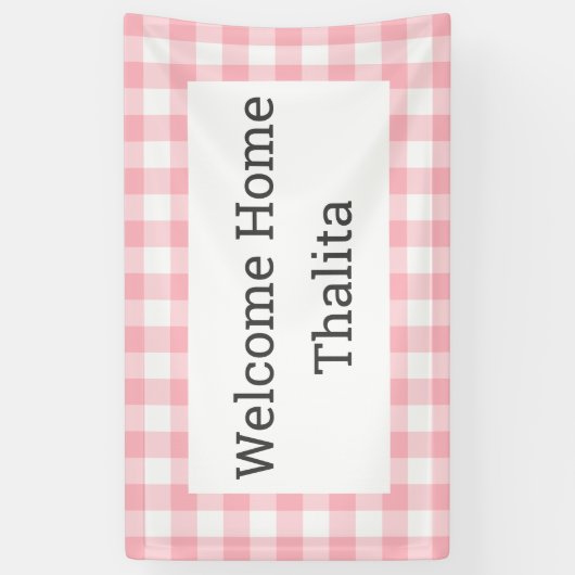 ウェルカムホーム名ピンクと白バッファローチェック 横断幕 (縦)