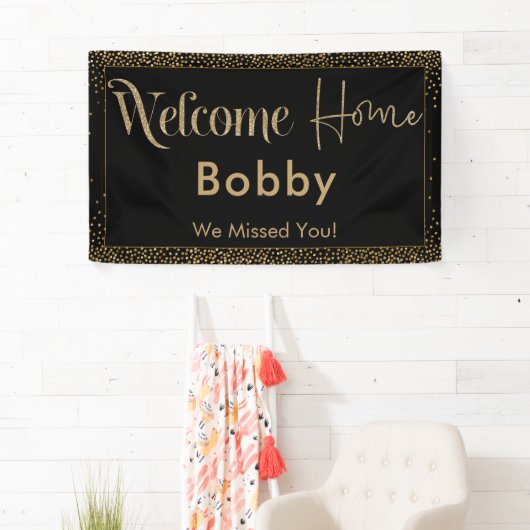 ウェルカムホーム金ゴールド紙吹雪、黒 横断幕 (インサイチュ)