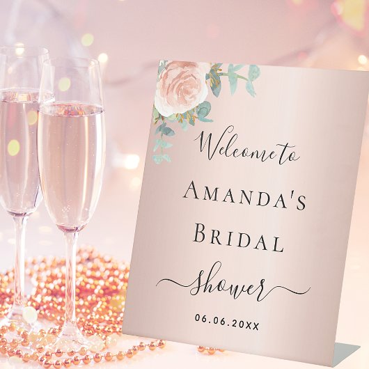 ウェルカムボード ブライダルシャワー ローズゴールド フラワー ユーカリ 台座サイン