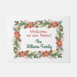 ウェルカムポインセチアとパインの大枝の冬 ドアマット