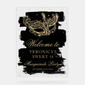 ウェルカムマスカレード黒金ゴールドグリッターSweet 16 アクリルサイン (正面)