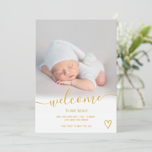 ウェルカムマスタードハートフォトボーイベビー誕生 案内状 (スタンド正面)