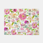 ウェルカムミント赤面ピンクウォーターカラーフローラルパターン ドアマット (正面)