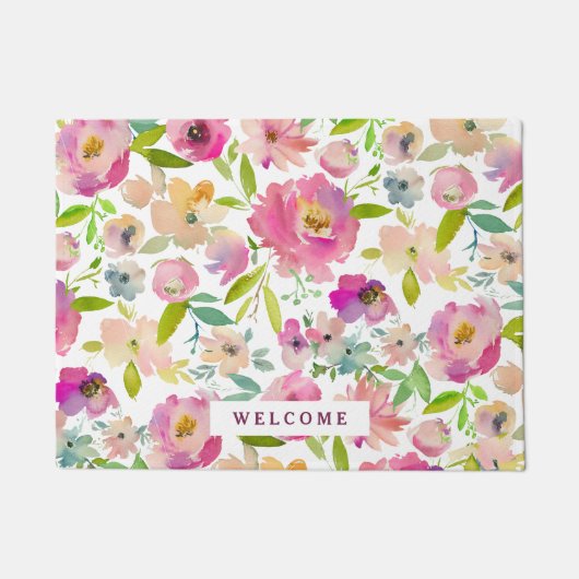 ウェルカムミント赤面ピンクウォーターカラーフローラルパターン ドアマット (正面)