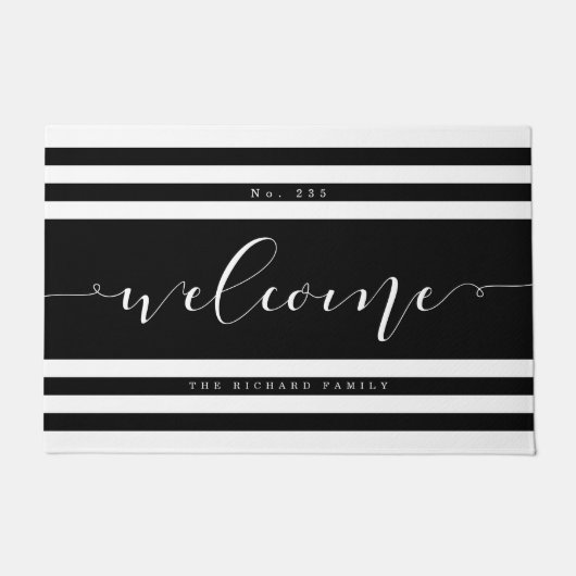 ウェルカムモダンストライプハウスナンバー&ファミリー名 ドアマット (正面)