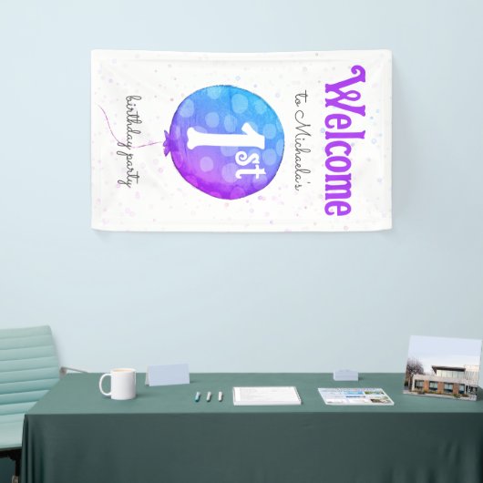 ウェルカムモダンバルーンベビーガール1st誕生日 横断幕 (トレードショー)