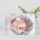 ウェルカムライトパープルホワイトスクリプト文字ベビー誕生 案内状 (スタンド正面)