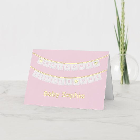 ウェルカムリトルワンピンクベビーおめでとう 箔グリーティングカード (正面)