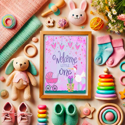 ウェルカムリトルワンベビーガールかわいいストークベビーカー カード