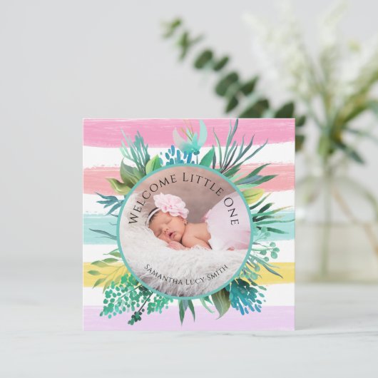 ウェルカムリトルワンベビーガールピンクストライプ誕生 カード (スタンド正面)