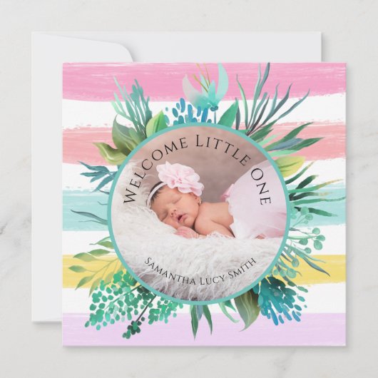 ウェルカムリトルワンベビーガールピンクストライプ誕生 カード (正面)