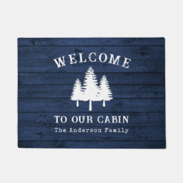 ウェルカムレイクハウス素朴ツリーズブルーウッドプリント ドアマット