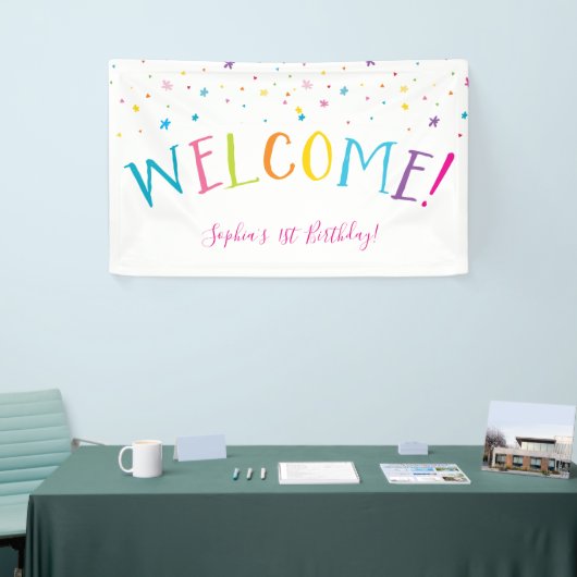 ウェルカムレインボー型かわいらしパーティーの明るい色 横断幕 (トレードショー)