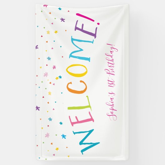 ウェルカムレインボー型かわいらしパーティーの明るい色 横断幕 (縦)