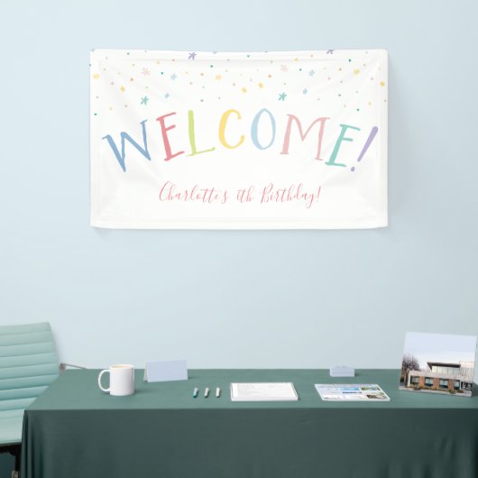 ウェルカムレインボー型かわいらしパーティーパステルカラー 横断幕 (トレードショー)