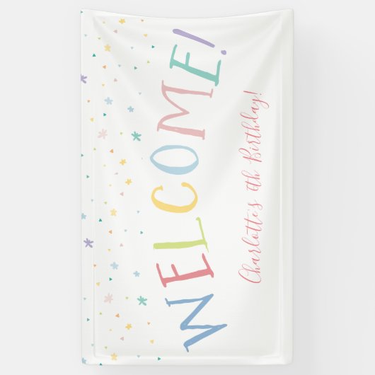 ウェルカムレインボー型かわいらしパーティーパステルカラー 横断幕 (縦)