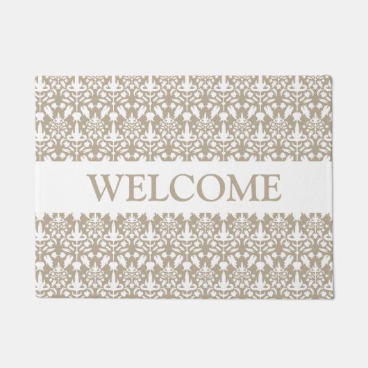ウェルカム文字付きベージュとホワイトダマスクパターン ドアマット (正面)