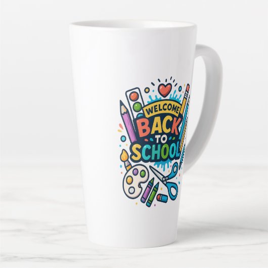 ウェルカム新学期おもしろいアートデザイン カフェラテマグ (右アングル)