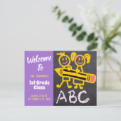 ウェルカム新学期先生パープルチャルクボード ポストカード (スタンド正面)