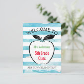 ウェルカム新学期、アップル&ウォーターカラーストライプ ポストカード (スタンド正面)